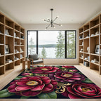 Rich Crimson Bloom Golden Swirl Rug