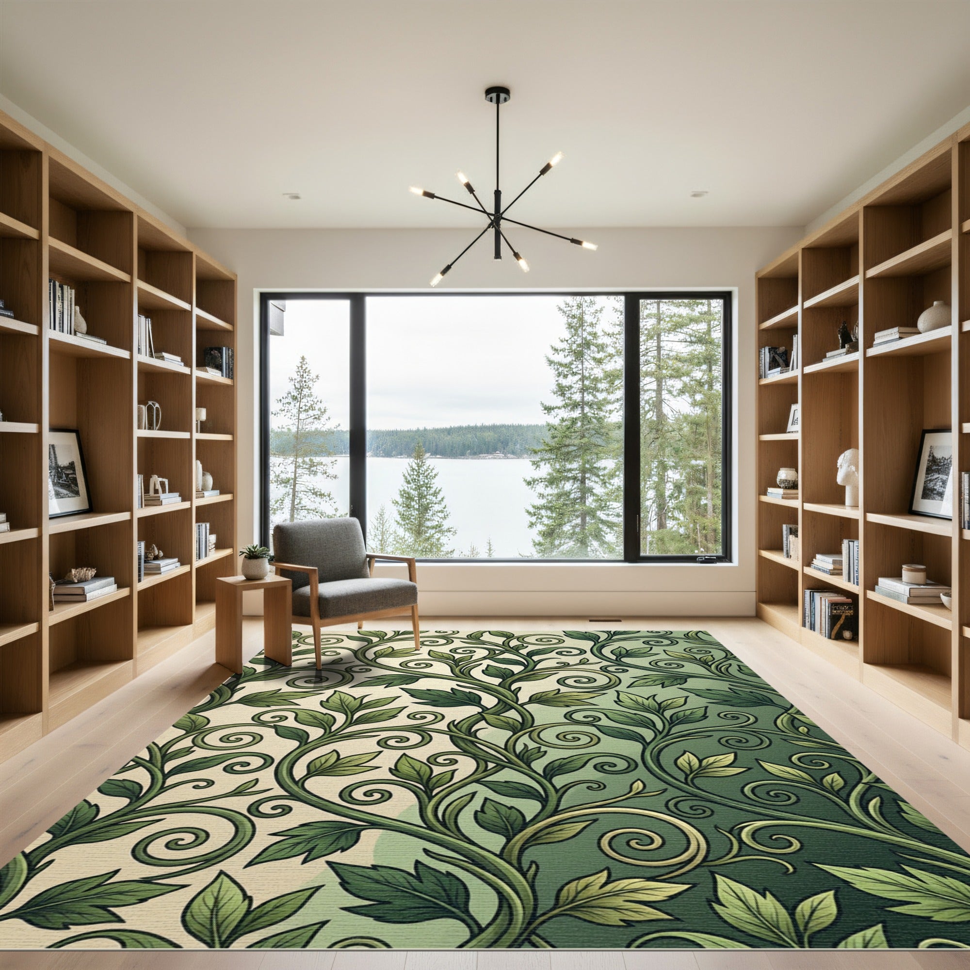 Elegant Forest Green Leafy Vine Swirl Rug