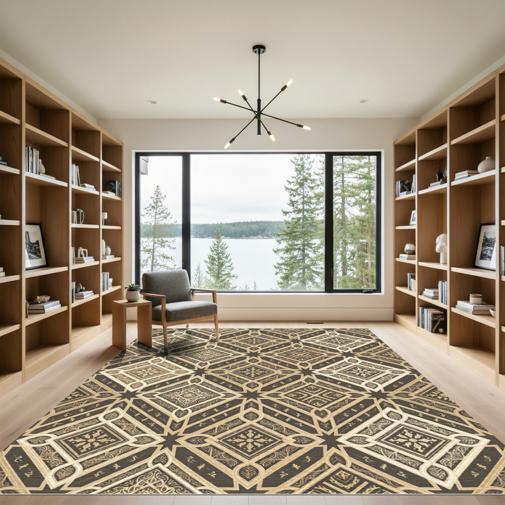 Gold Geometric Lattice Mosaic Rug