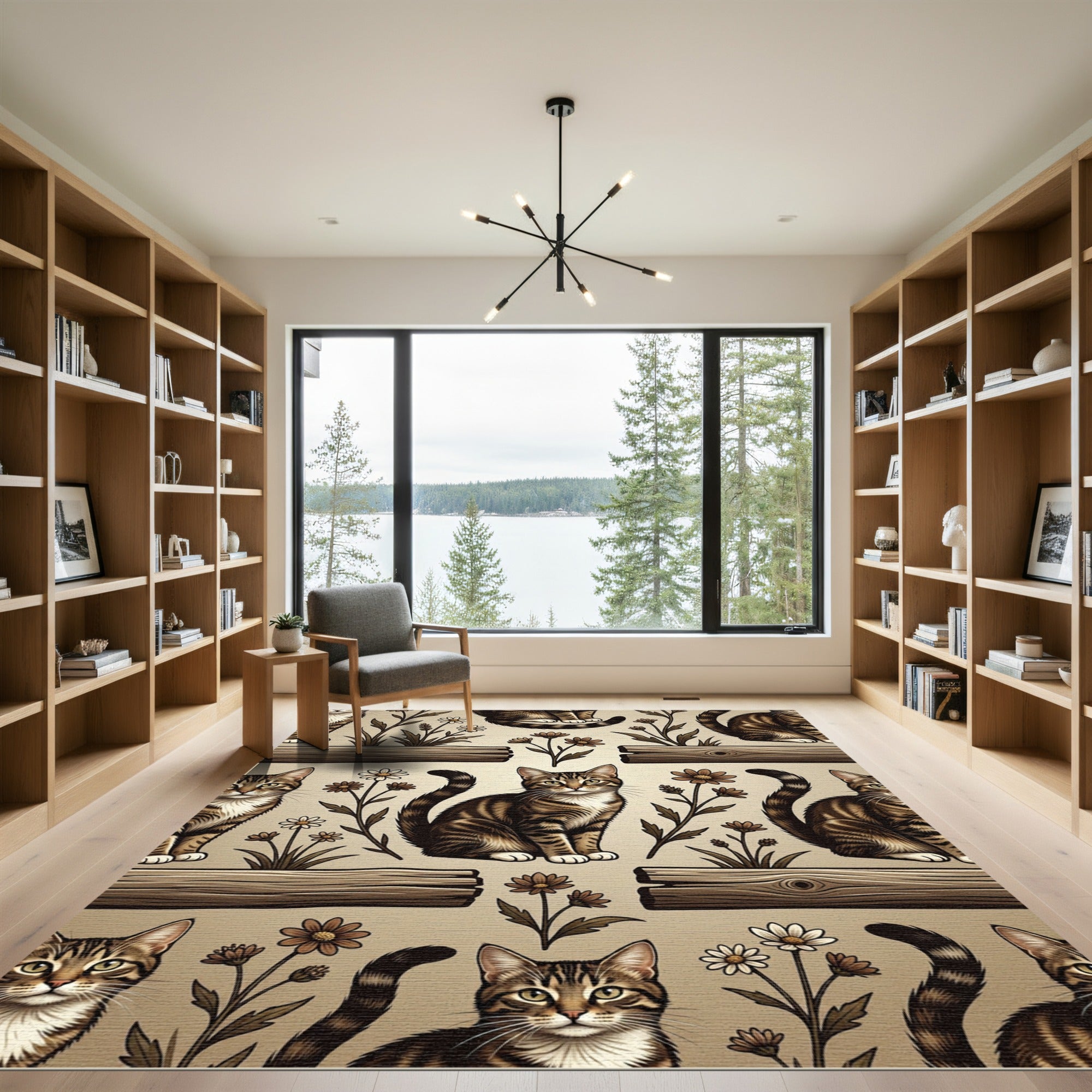 Tabby Cat Floral Brown Wood Rug