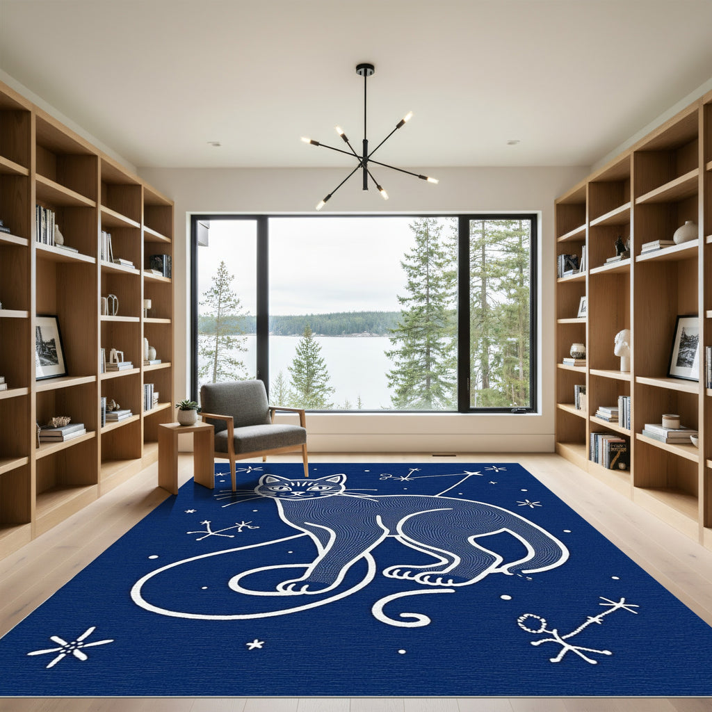 Celestial Midnight Blue Cat Constellation Rug