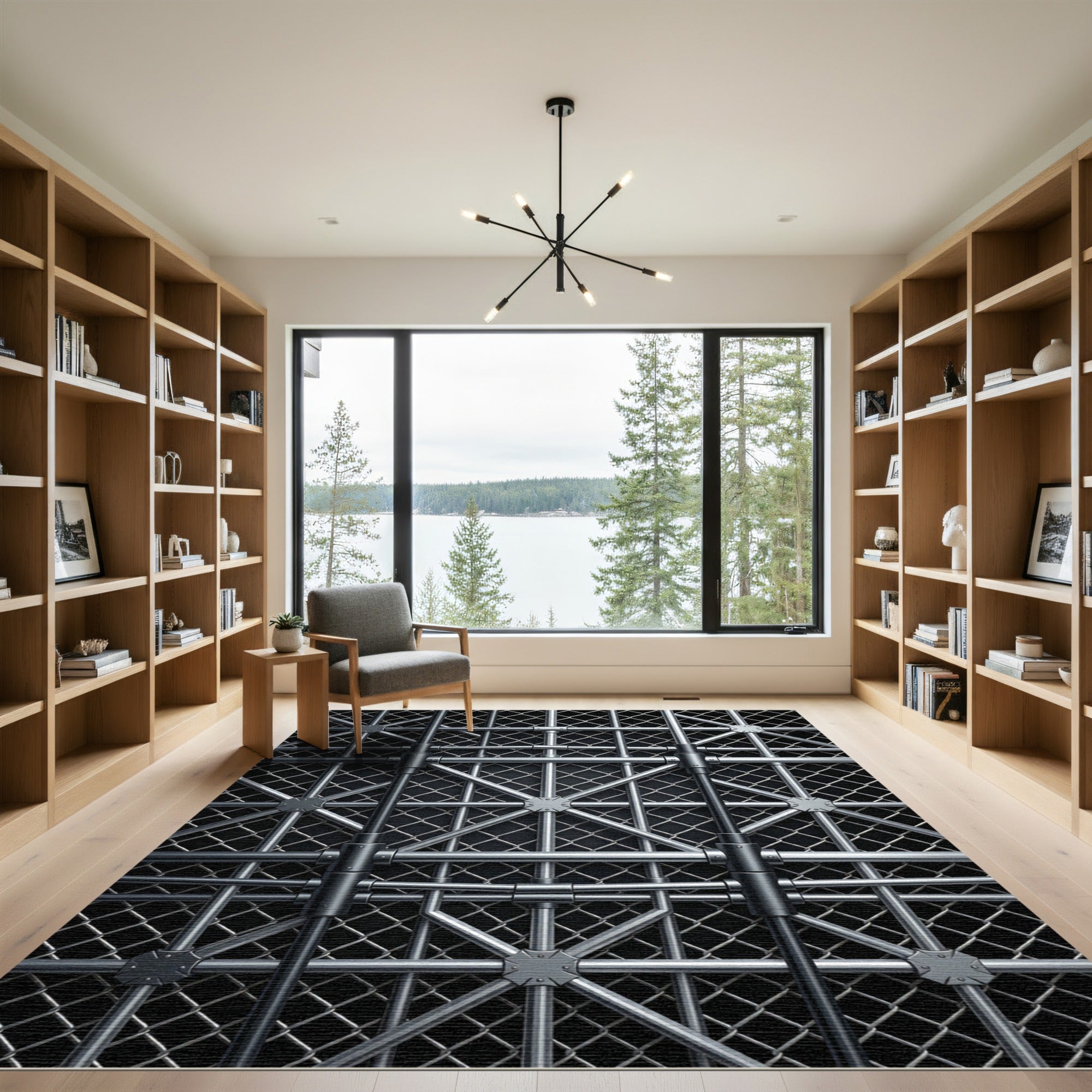 Industrial Silver Metallic Geometric Grid Rug