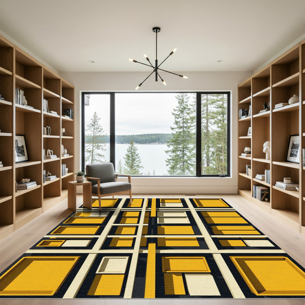 Modern Geometric Golden Grid Abstract Rug