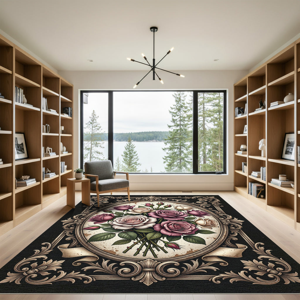 Baroque Oval Bouquet of Romantic Roses Rug