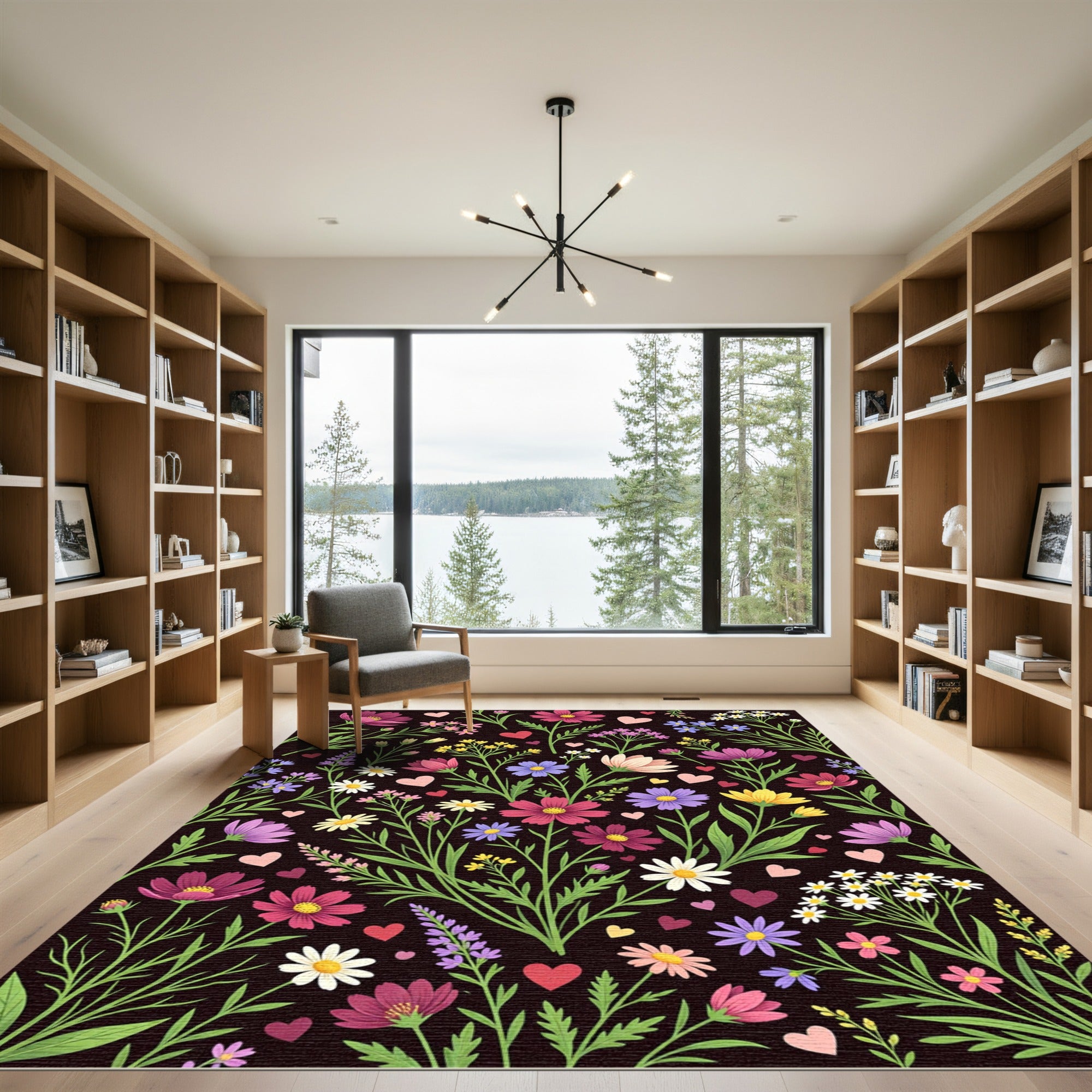 Dark Meadow Floral with Floating Hearts Rug