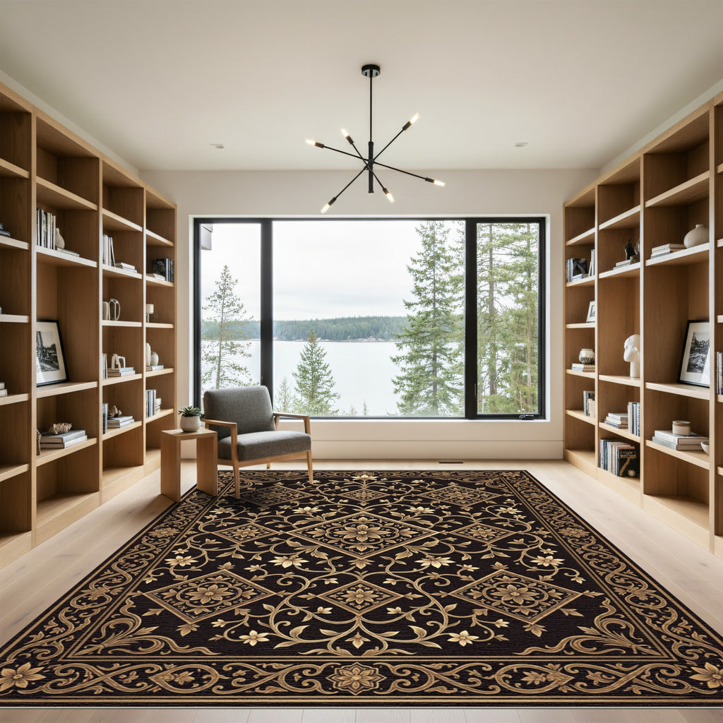 Ornate Golden Floral Arabesque Rug