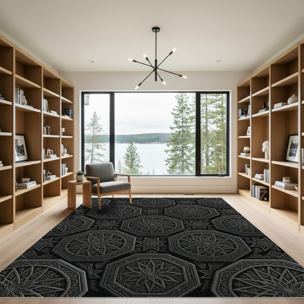 Dark Gray Intricate Octagonal Star Rug