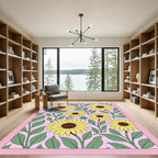 Yellow Sunflower Floral Pink Background Rug