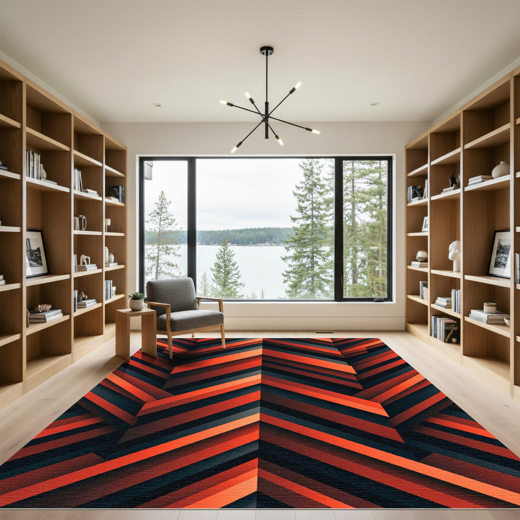 Modern Crimson Black Geometric Chevron Rug