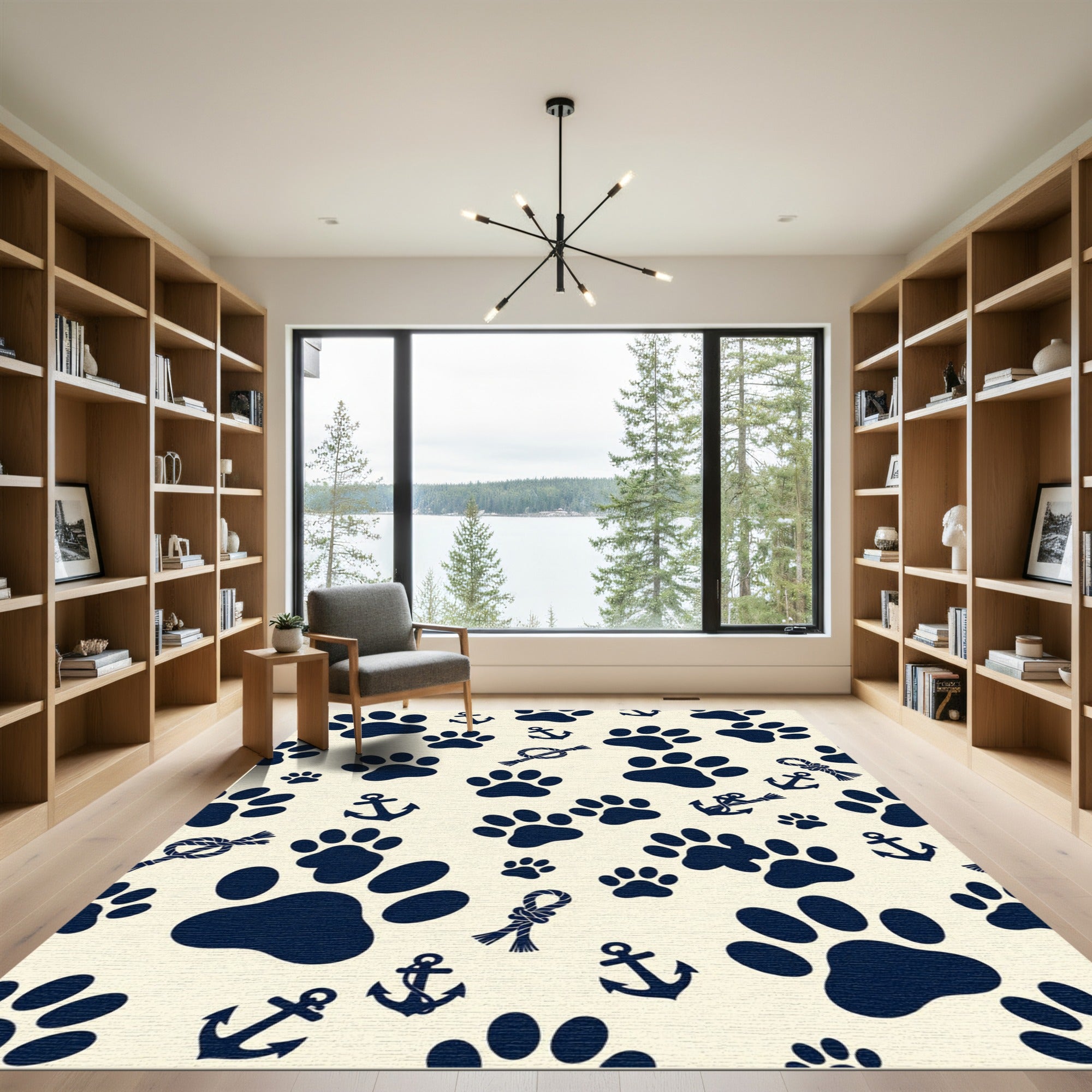 Navy Nautical Paw Anchor Rope Art Rug