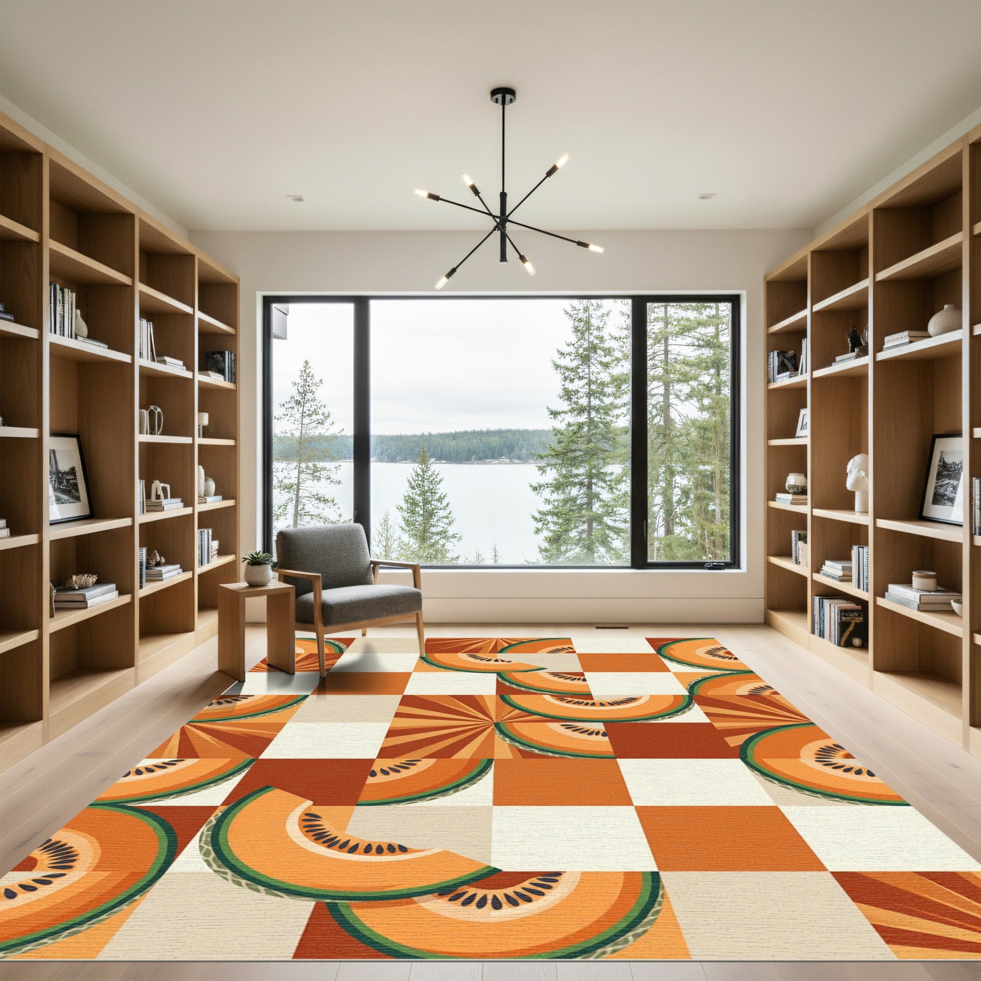 Orange Cantaloupe Slice Sunburst Square Rug