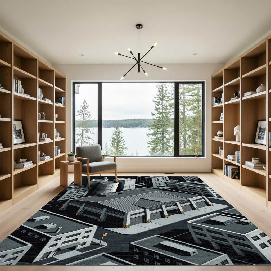 Monochrome Isometric Urban Landscape Rug
