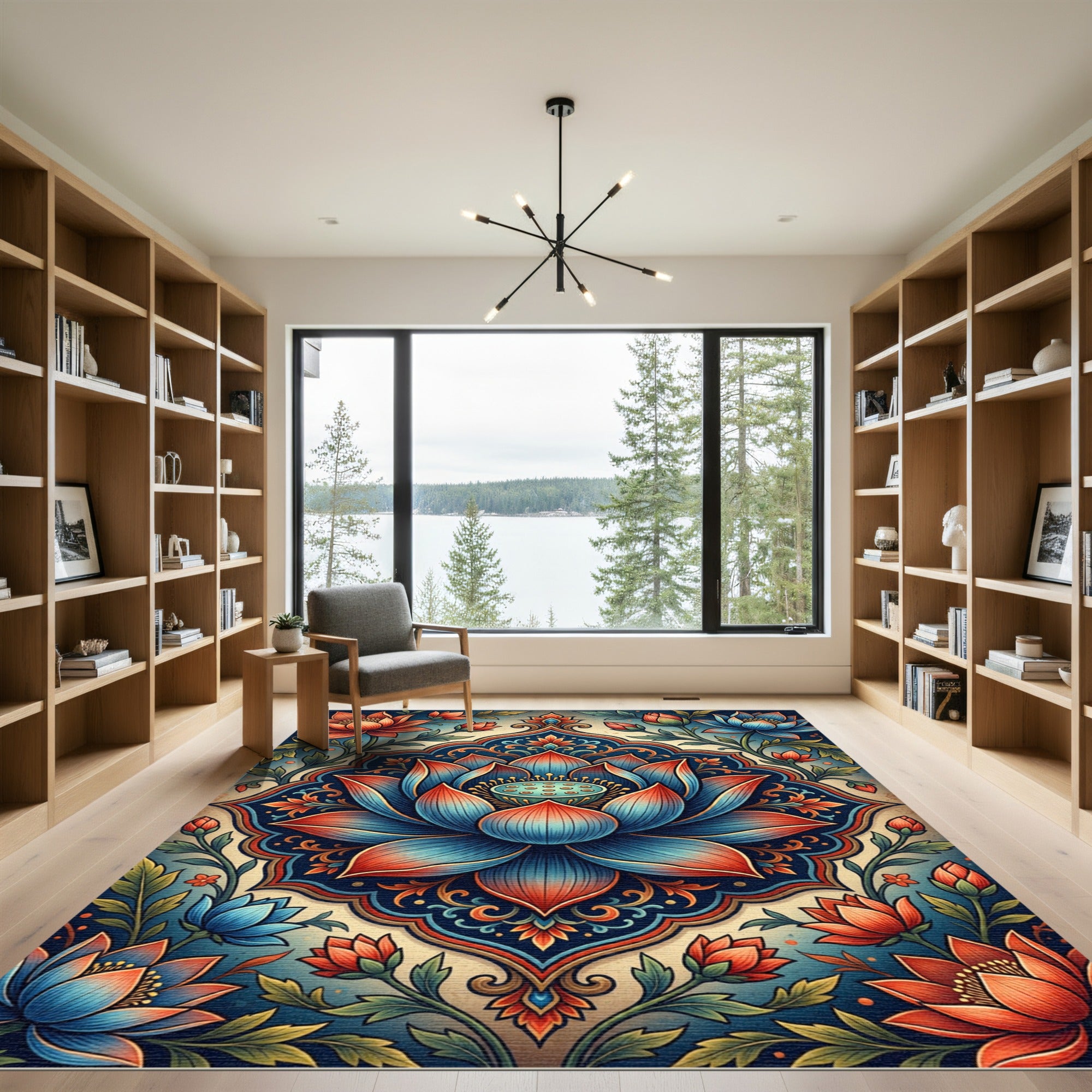 Indigo And Crimson Lotus Mandala Rug