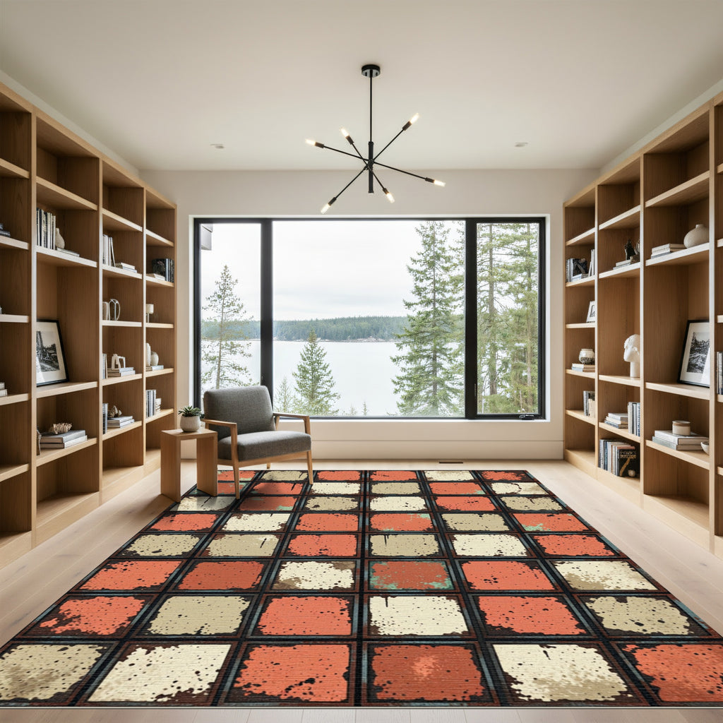 Distressed Terracotta and Cream Grid Rug