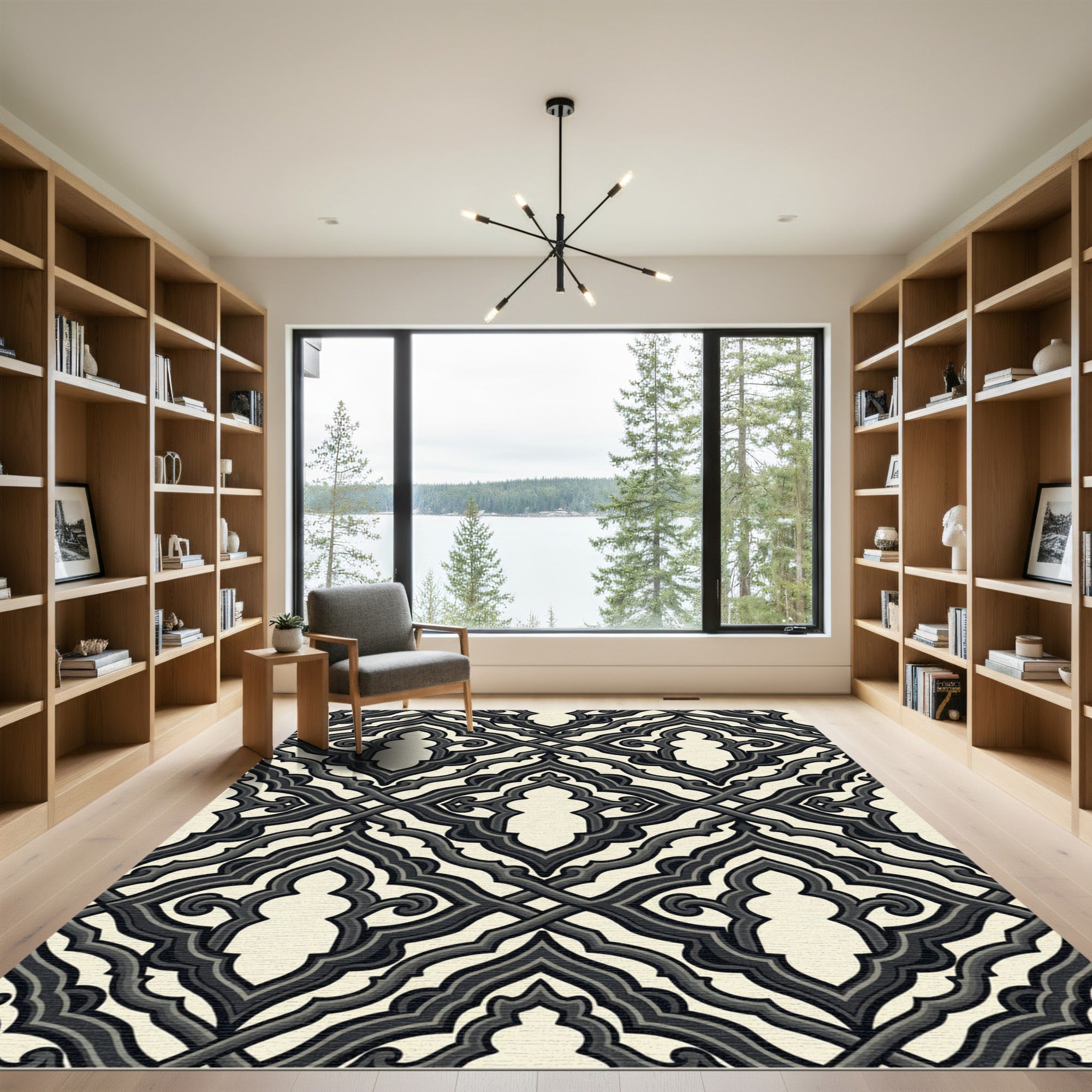 Ornate Black Ivory Lattice Arch Rug