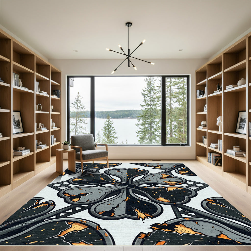 Monochrome Gothic Cracked Clover Abstract Rug