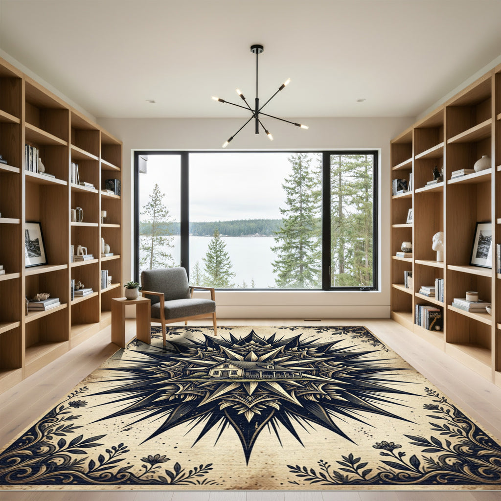 Vintage Starburst Lodge Black Cream Illustration Rug