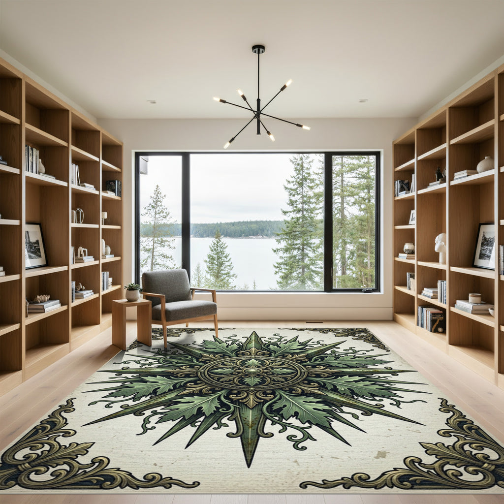 Ornate Sage Botanical Compass Medallion Rug