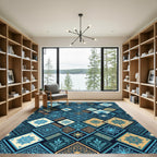 Azure Teal Golden Diamond Medallion Rug