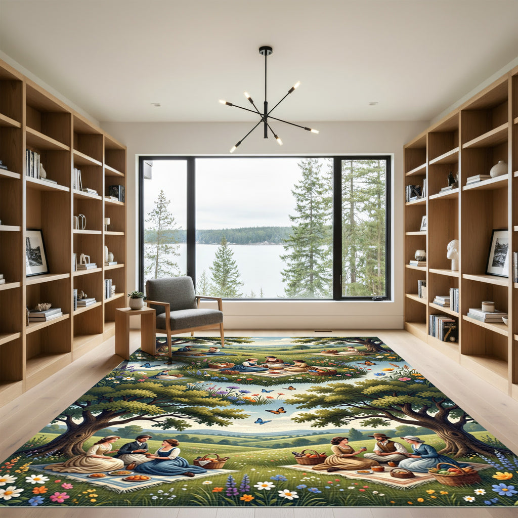 Whimsical Pastoral Meadow Picnic Landscape Rug