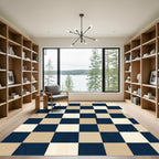 Modern Navy and Beige Checkered Grid Rug