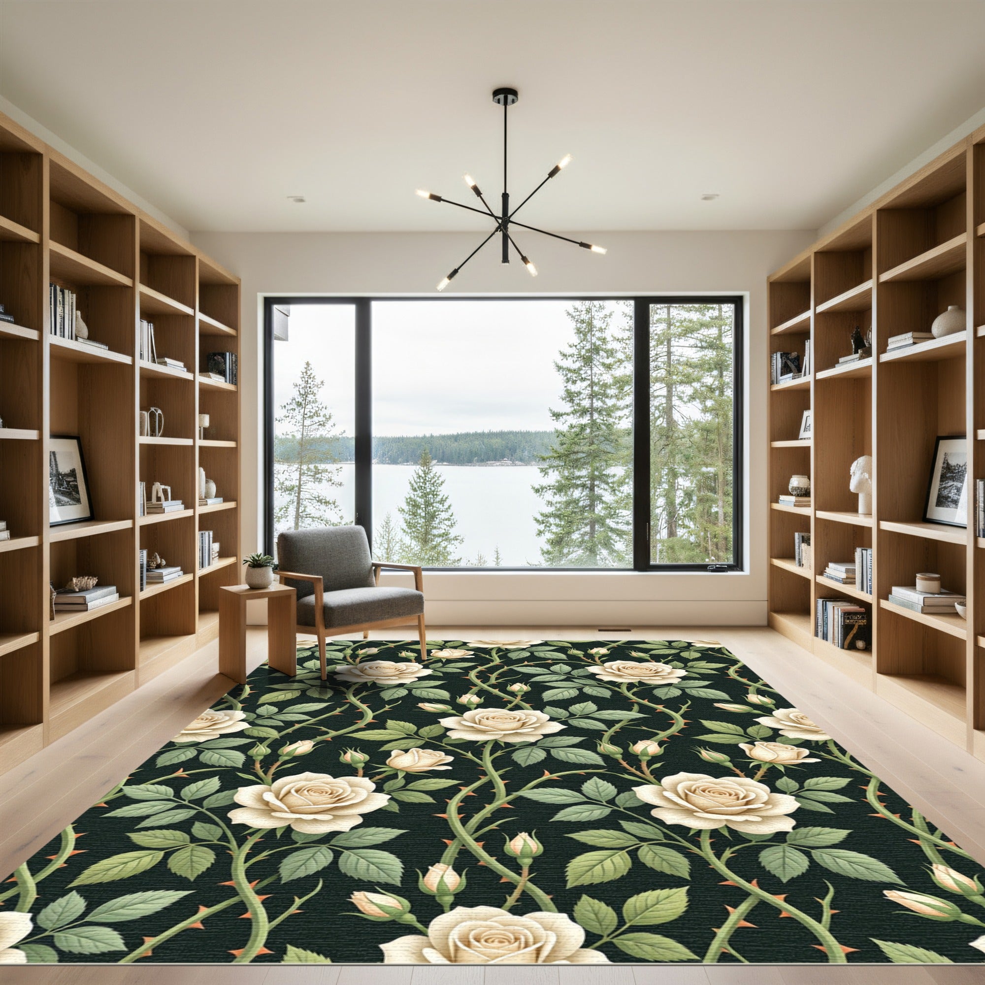 Elegant Cream Rose Trellis Dark Backdrop Rug