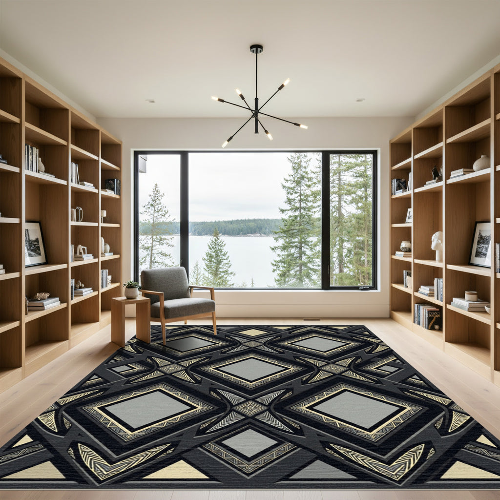Sophisticated Charcoal Gold Geometric Diamond Rug