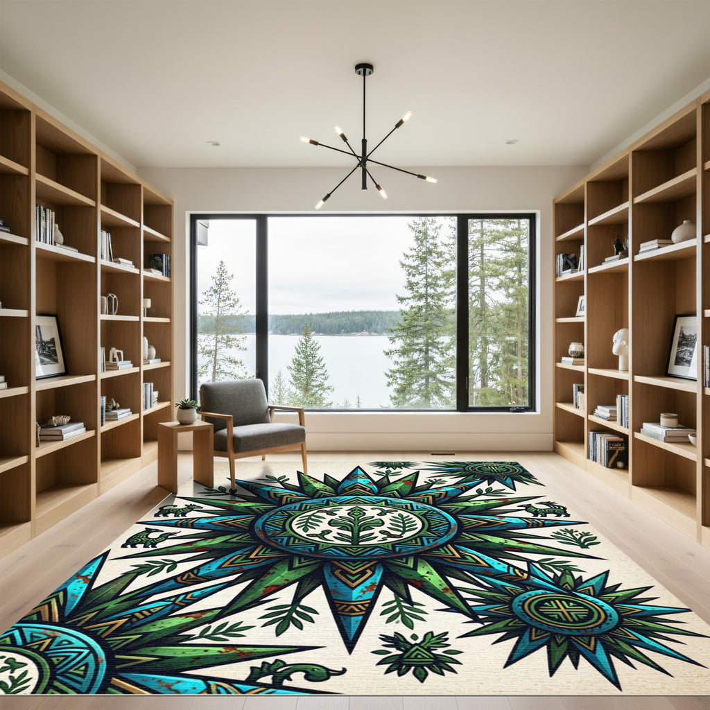 Aztec Turquoise Green Sunburst Medallion Rug