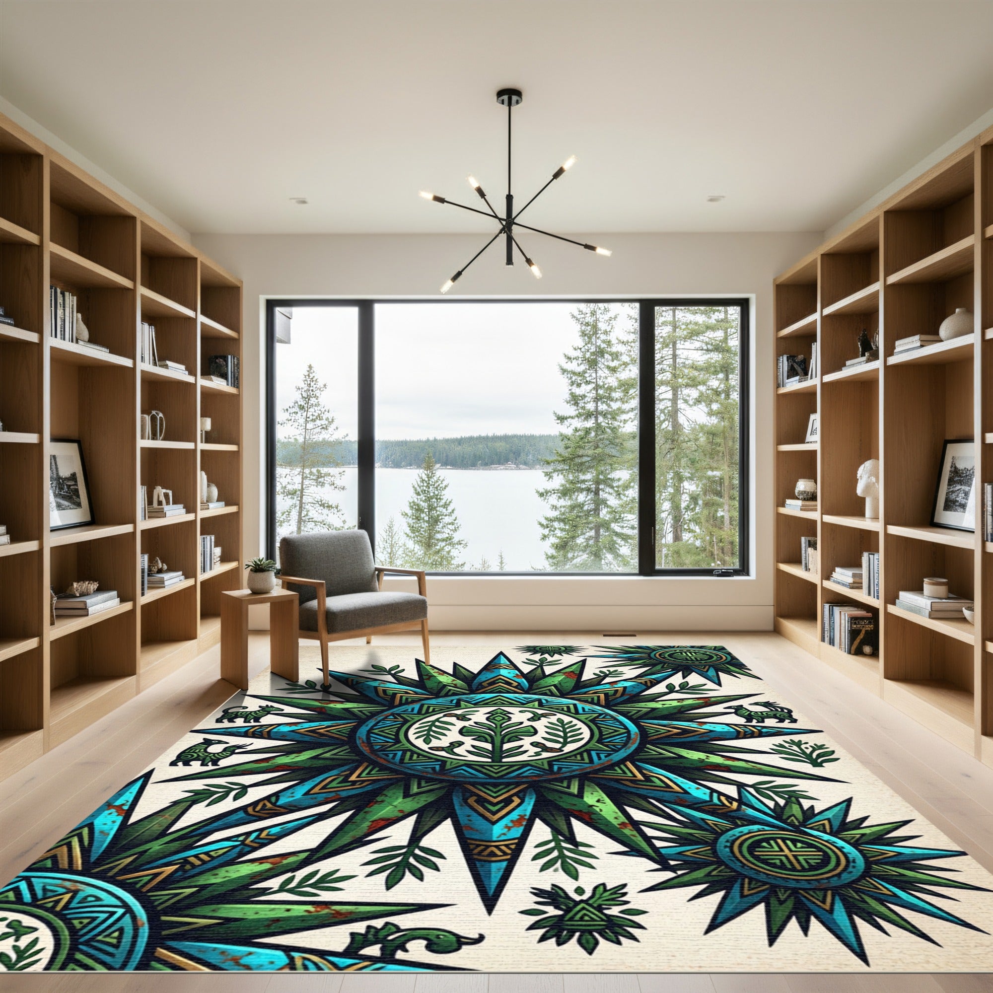 Aztec Turquoise Green Sunburst Medallion Rug