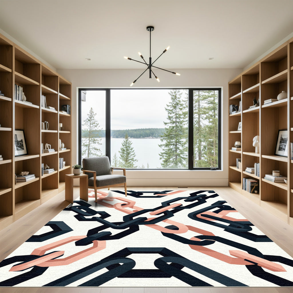 Geometric Black and Peach Linked Chain Rug