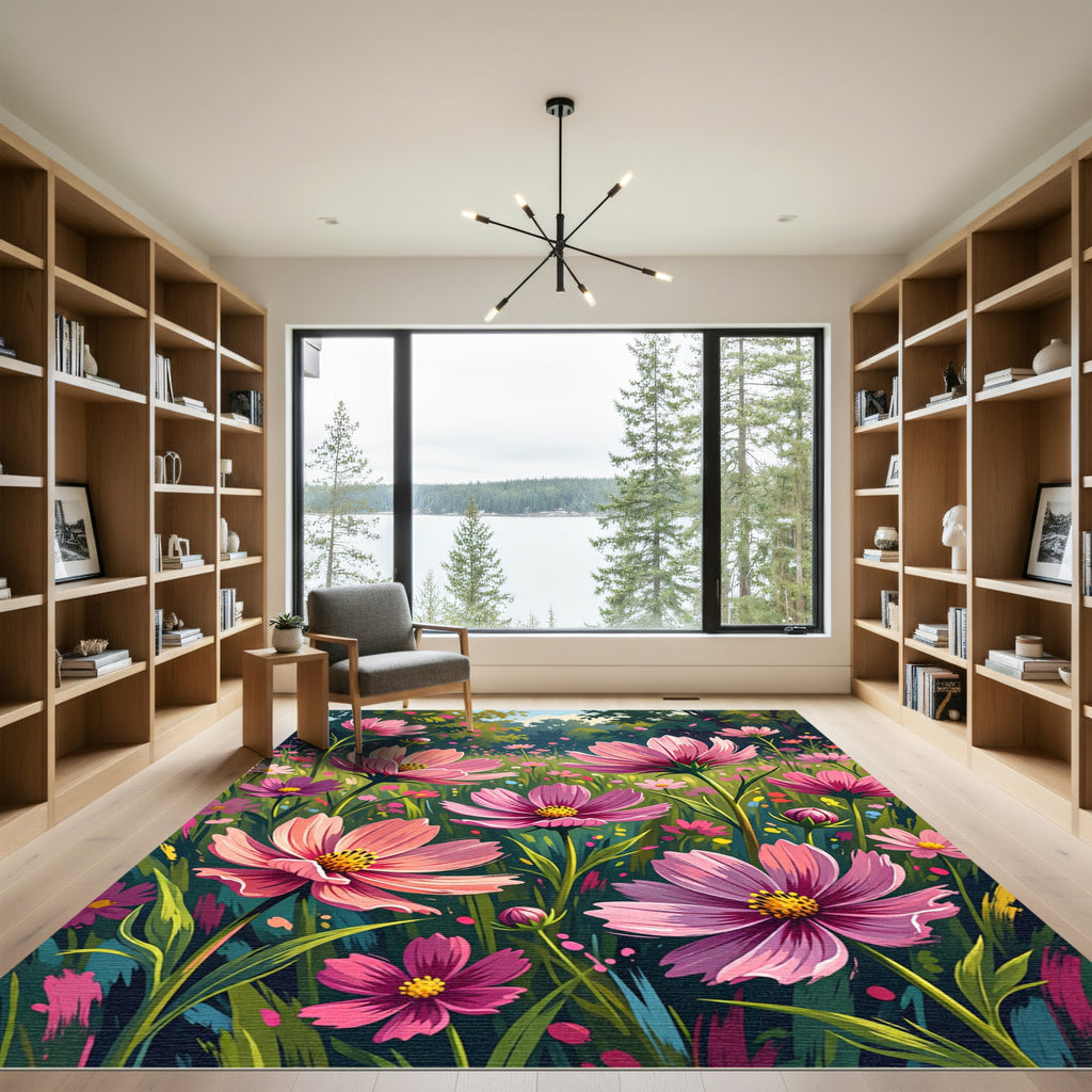 Vibrant Pink Cosmos Garden Meadow Rug
