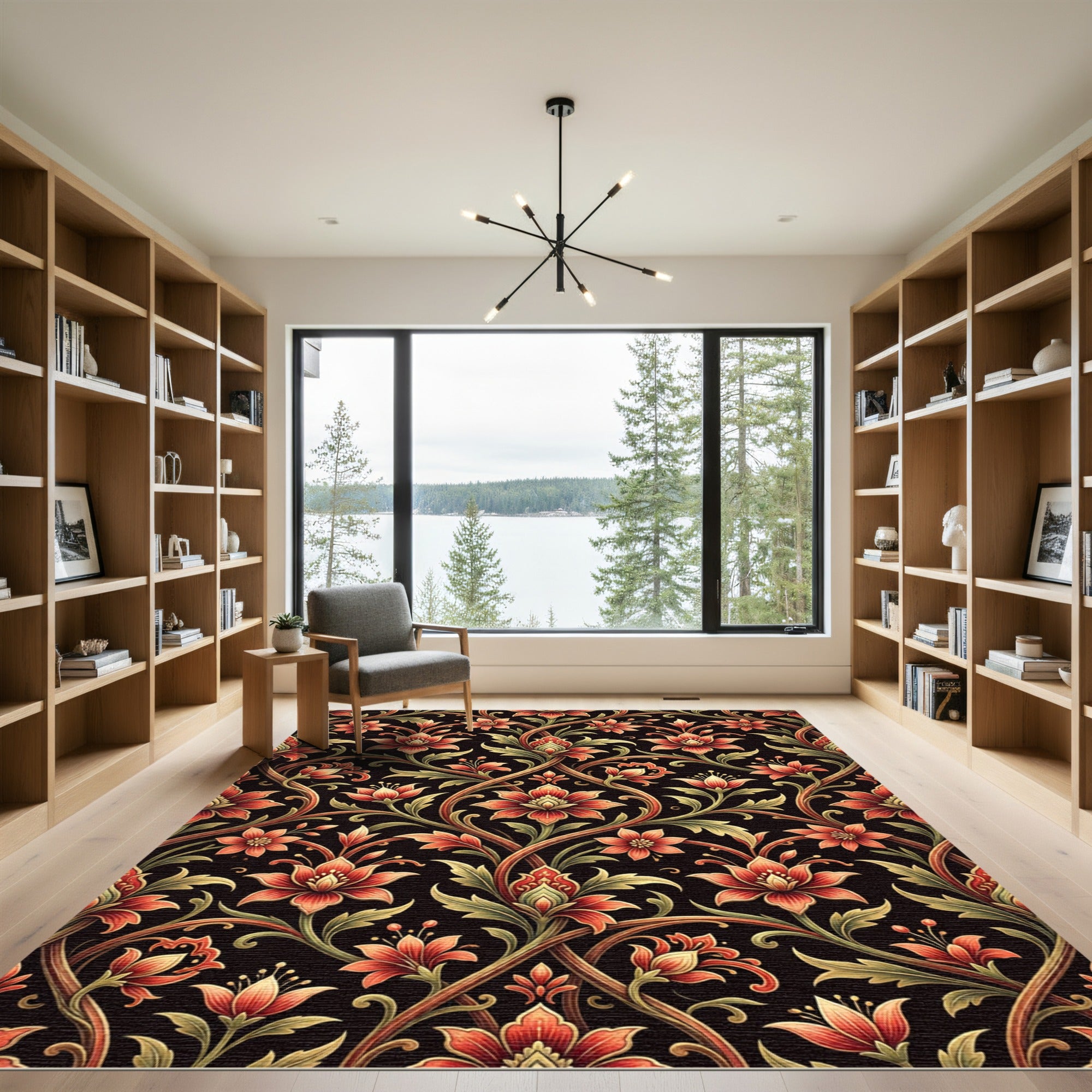 Ornate Crimson Floral Vine Scroll Rug