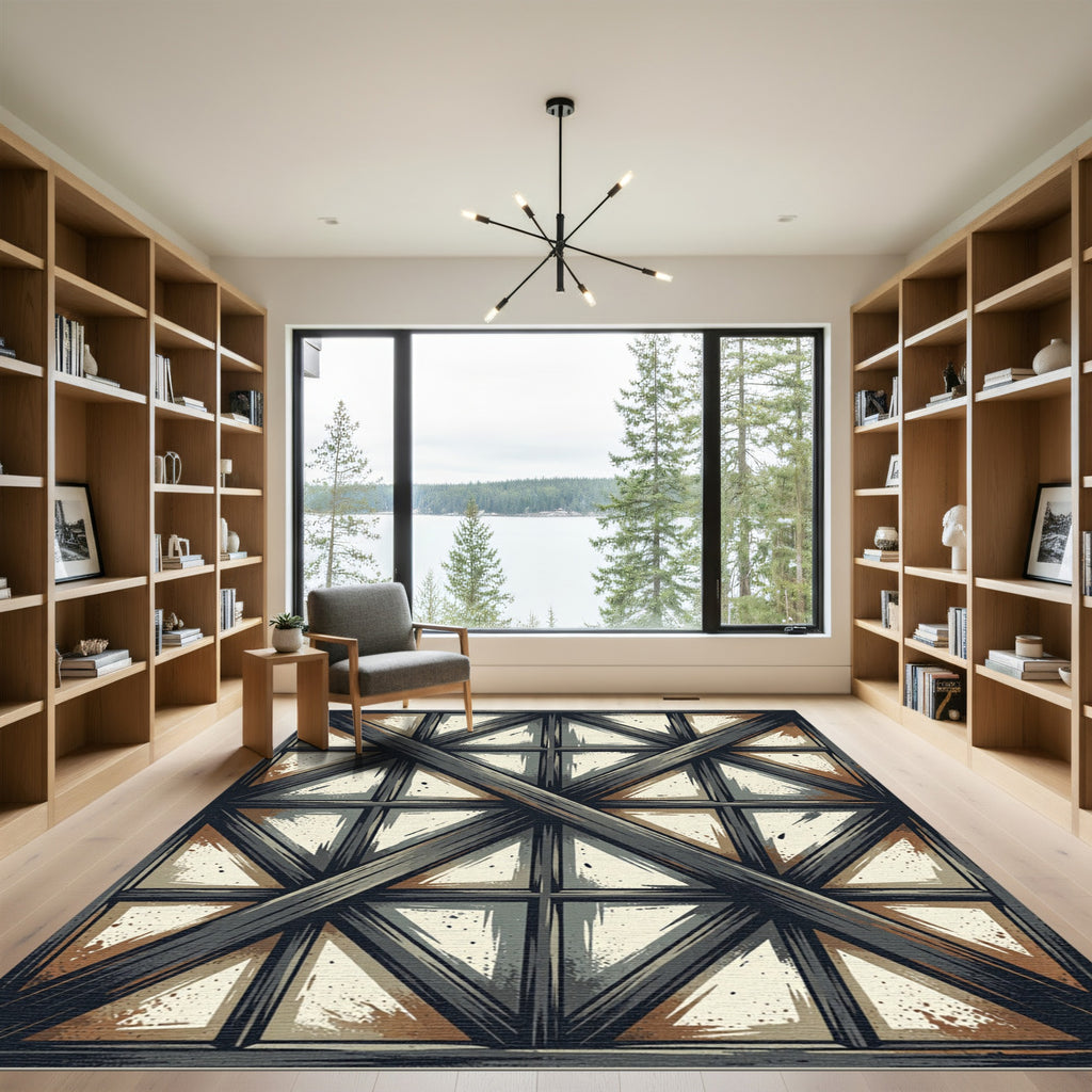 Industrial Charcoal Steel Geometric Grid Rug