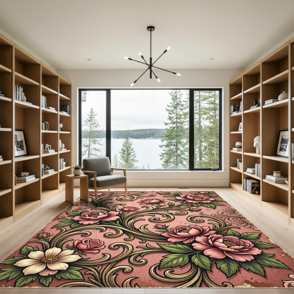 Vintage Pink Peony Floral Scrollwork Rug