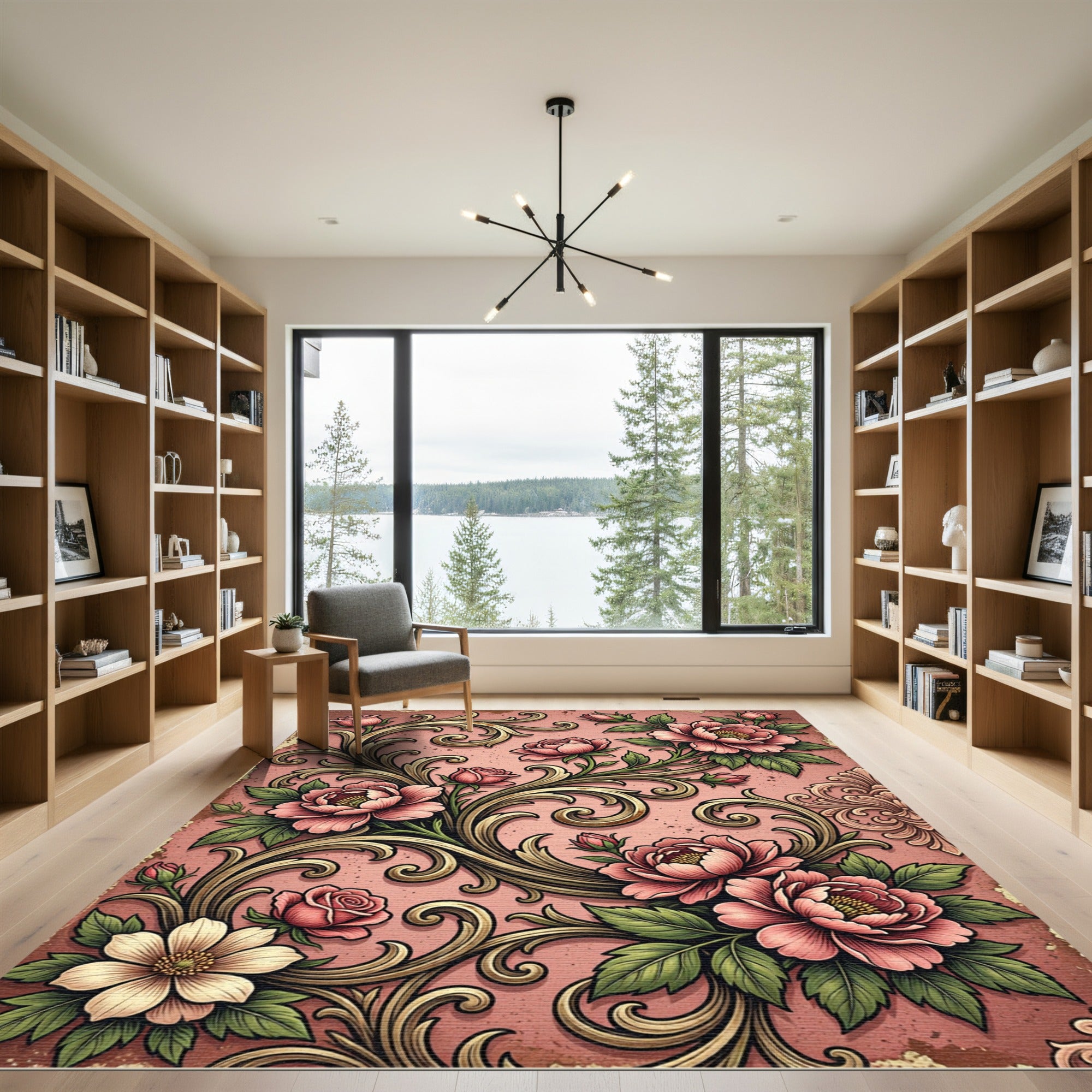 Vintage Pink Peony Floral Scrollwork Rug