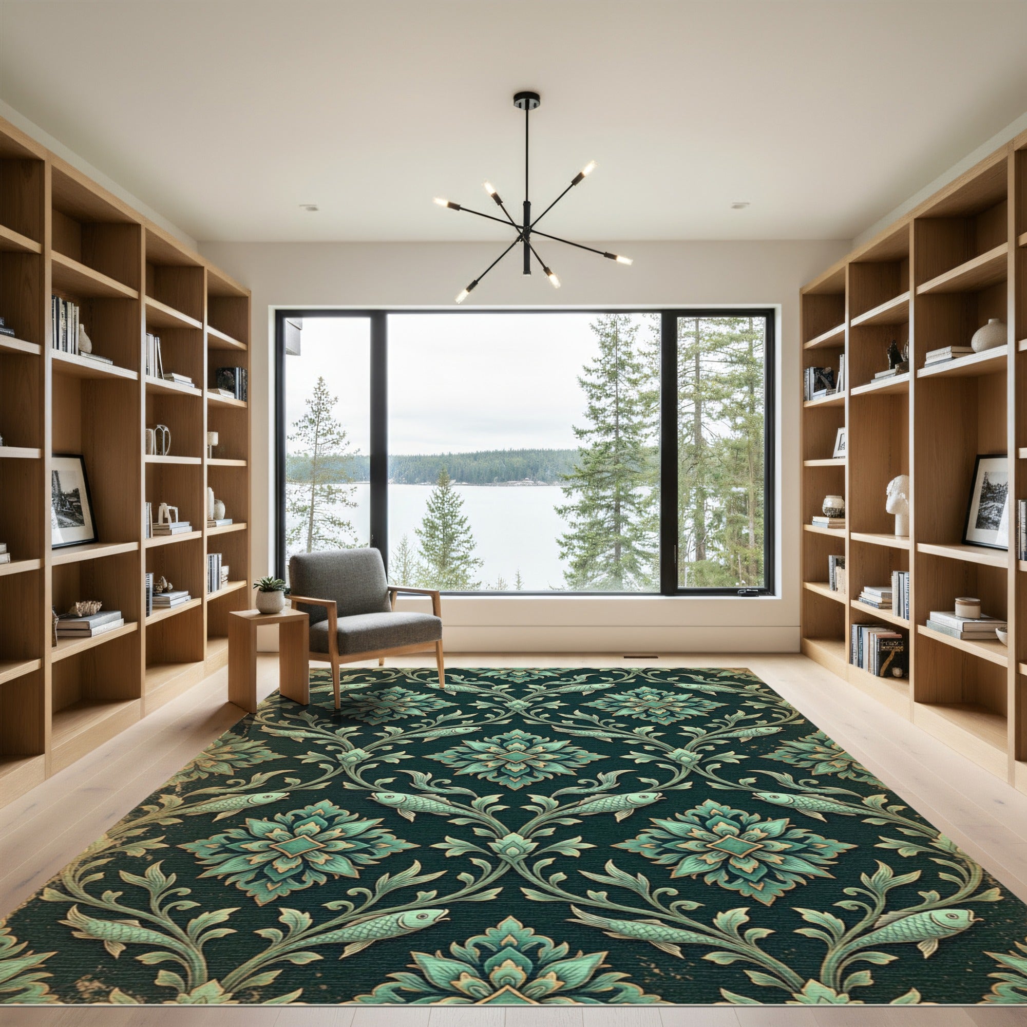 Teal Botanical Fish Damask Flourish Rug