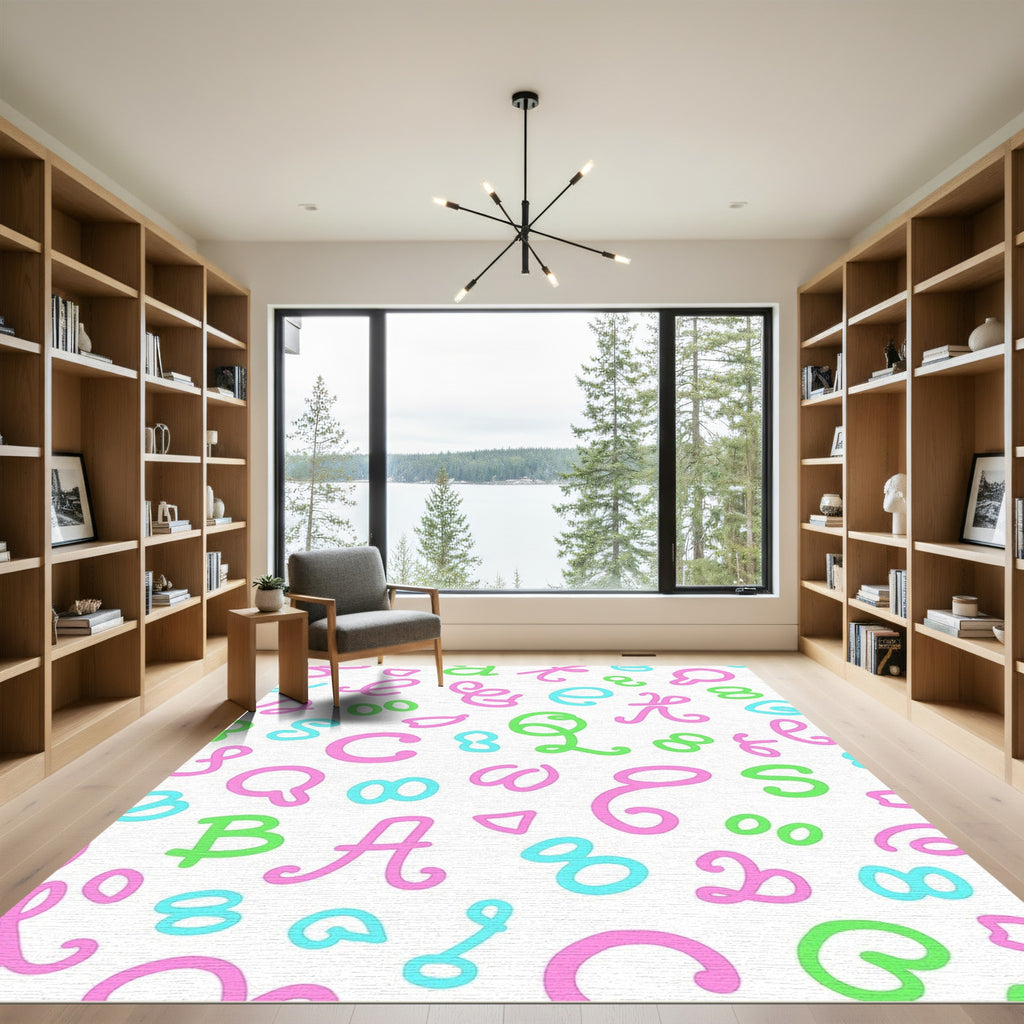 Playful Script Alphabet Pink Blue Green Rug