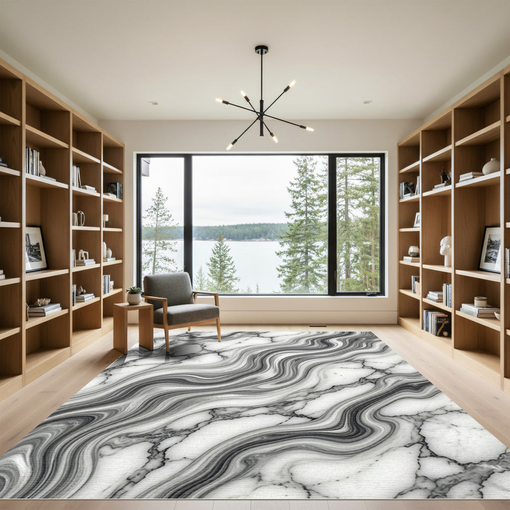 Modern Monochrome Abstract Marble Swirl Rug