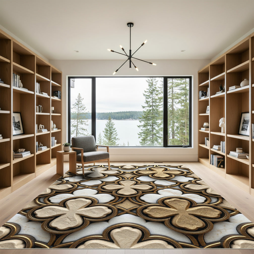 Gold Marble Quatrefoil Geometric Interlocking Rug