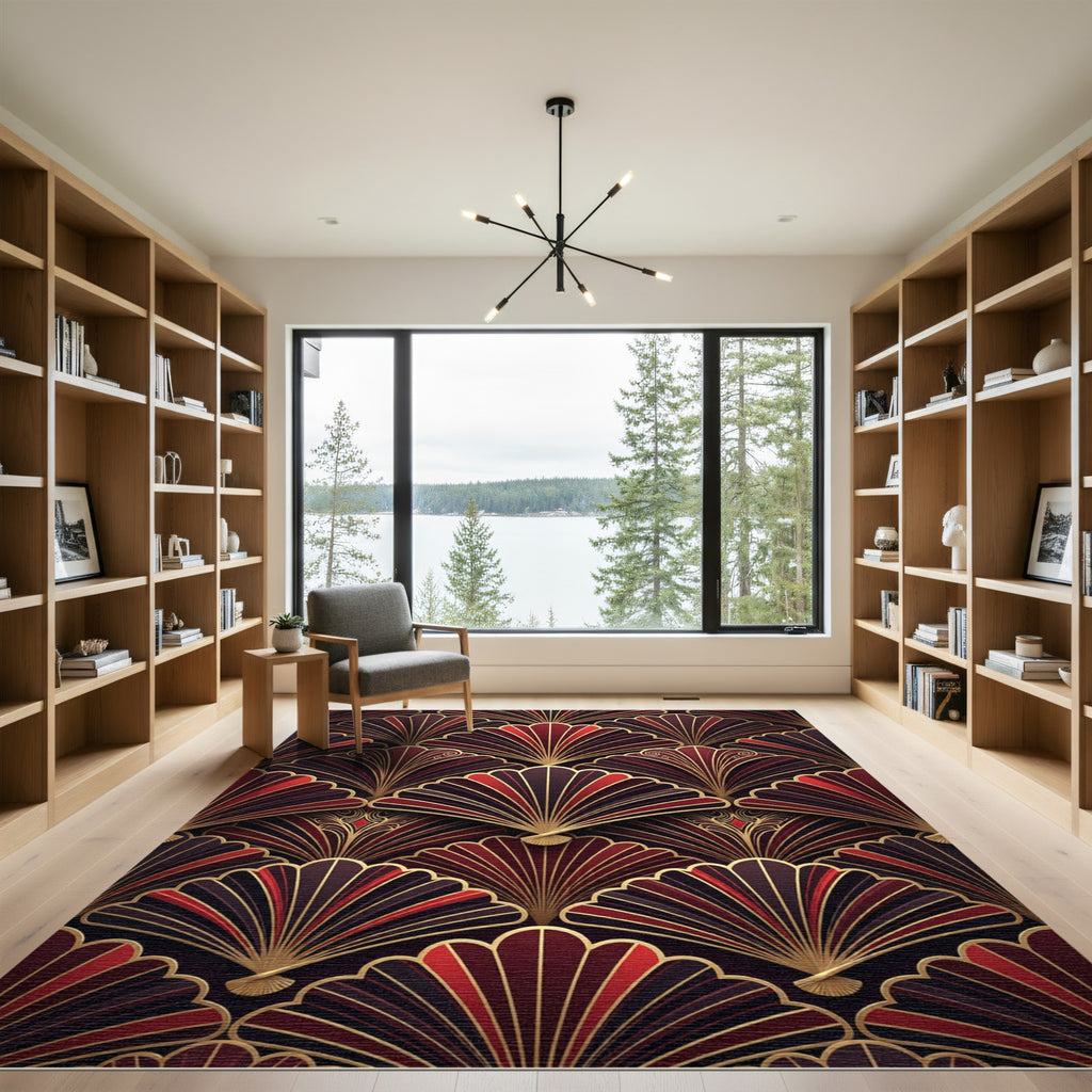 Elegant Red Fan Art Deco Rug