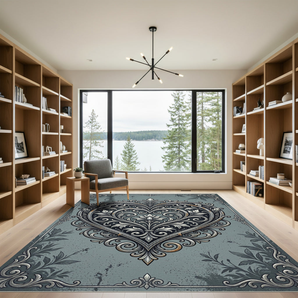 Ornate Silver Filigree Heart Damask Rug