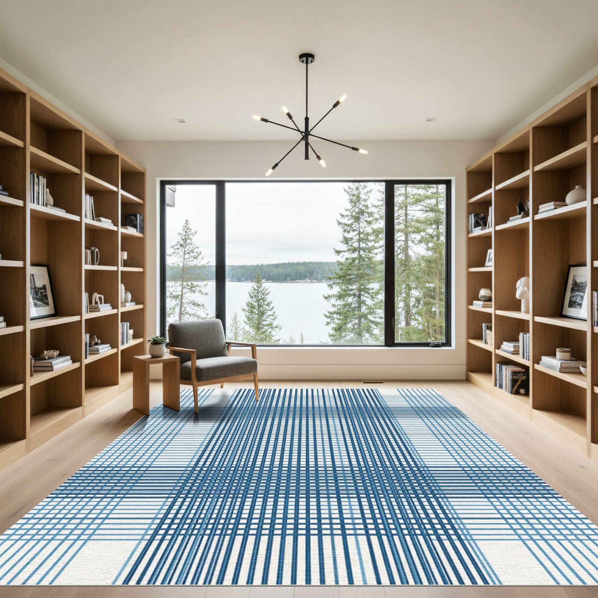 Navy Blue Linear Grid Checkered Rug