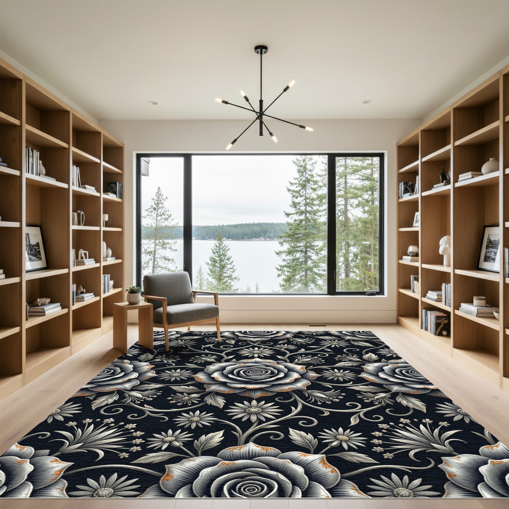Ethereal Silver Rose Floral Botanical Rug