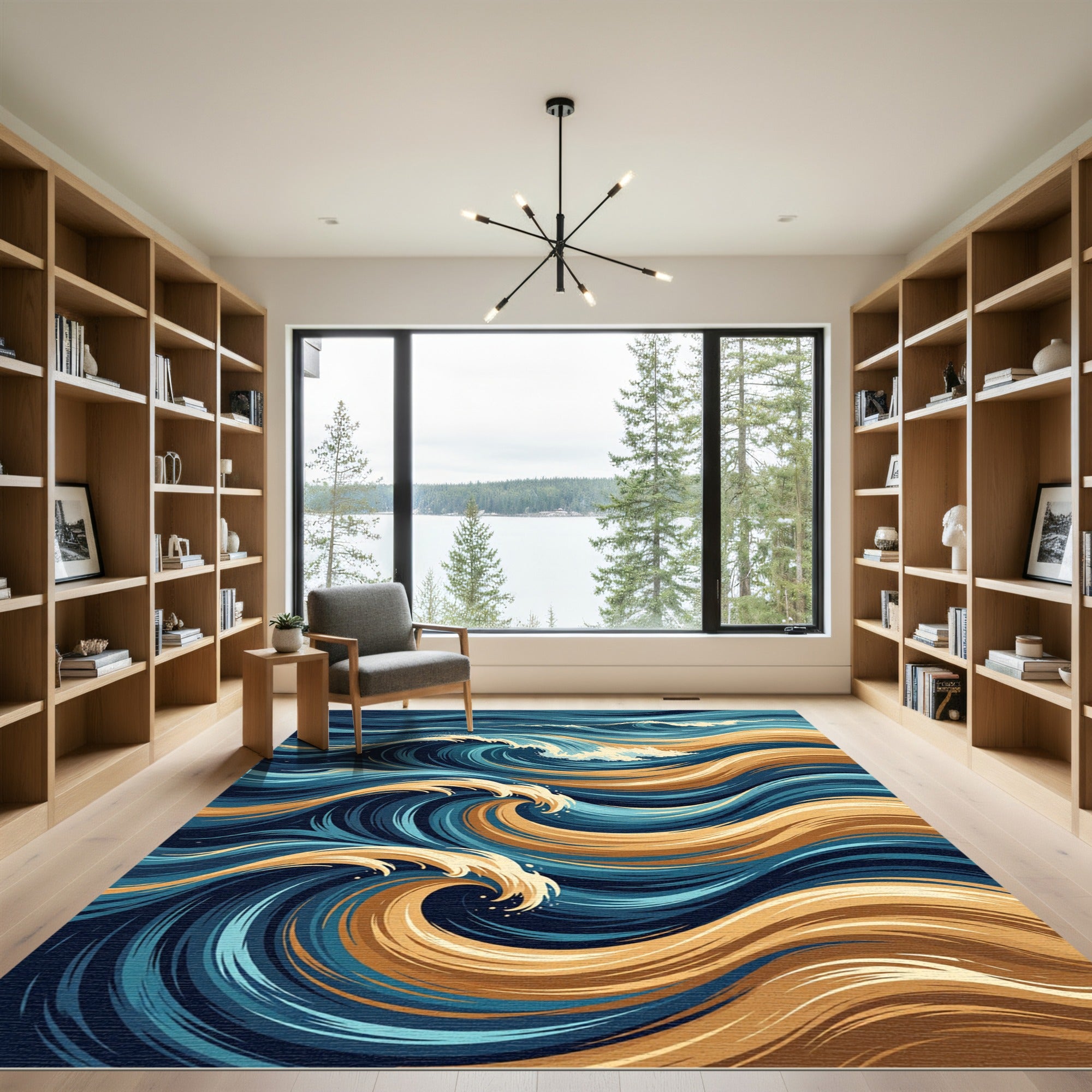 Abstract Gold and Navy Ocean Wave Rug