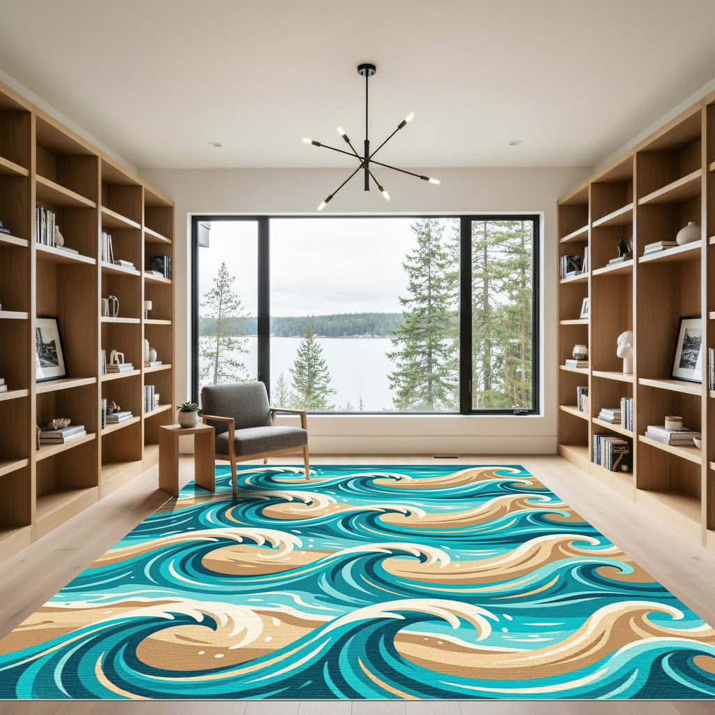 Abstract Teal and Sand Ocean Wave Rug
