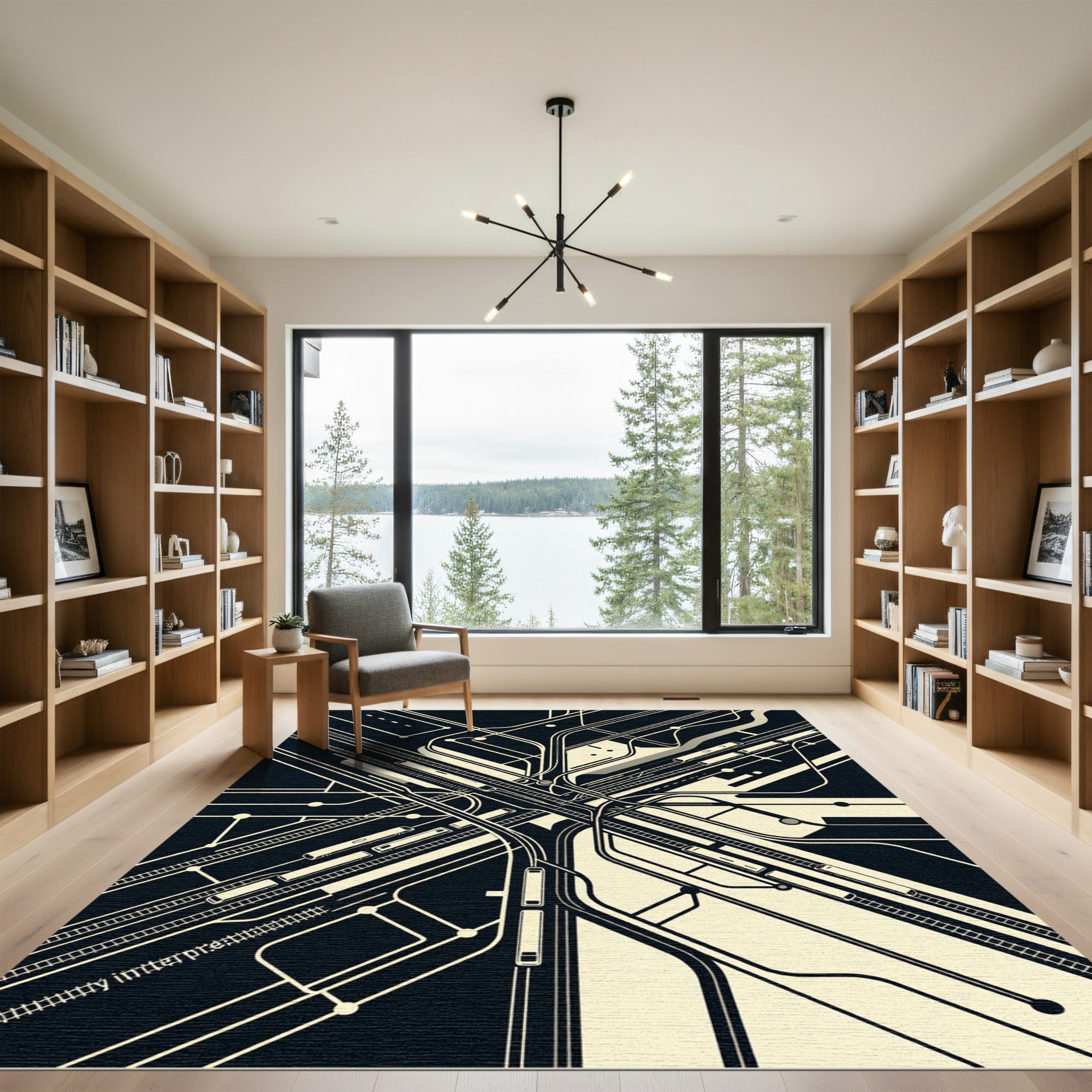 Monochrome Abstract Geometric Transit Map Rug