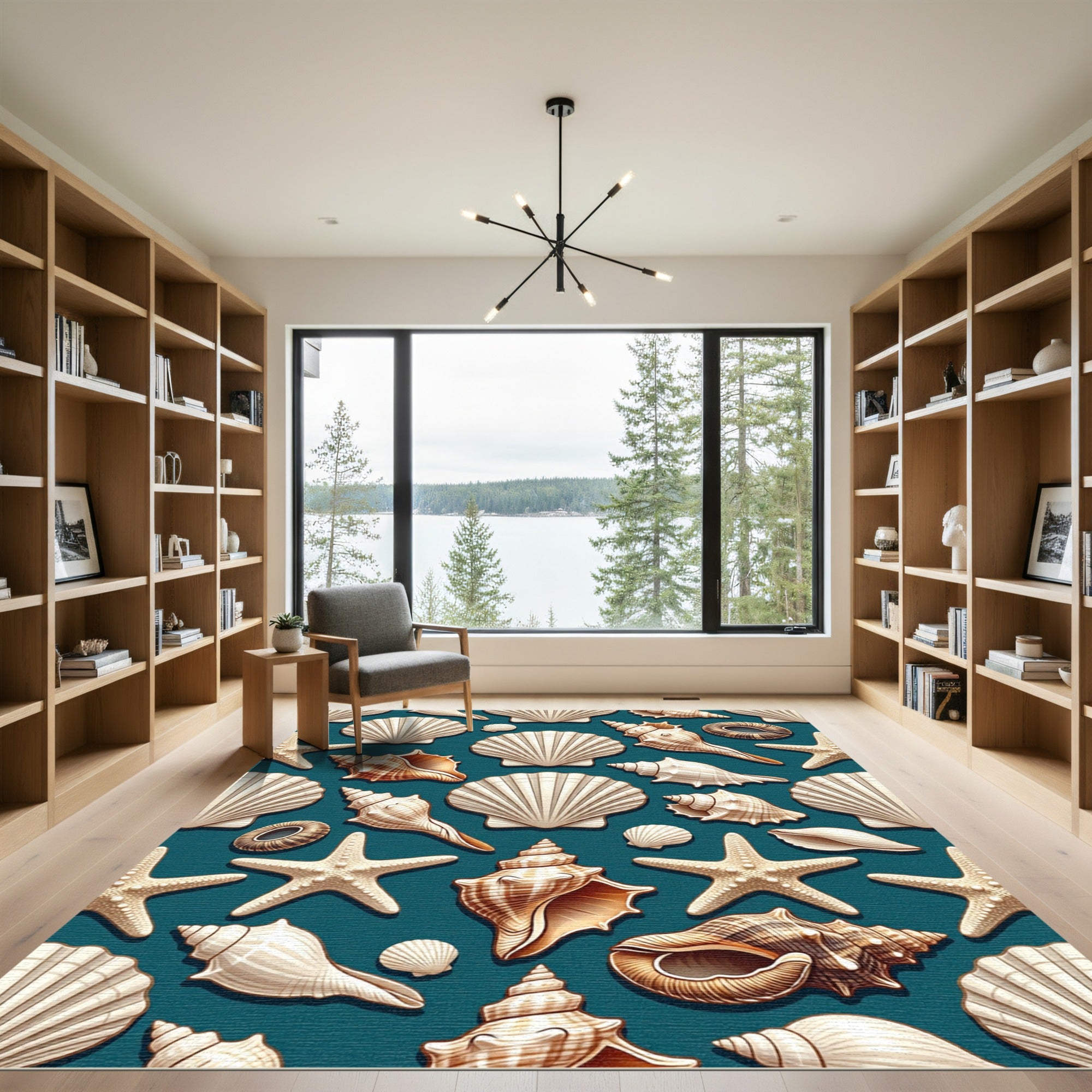 Elegant White Seashell Coastal Teal Backdrop Rug
