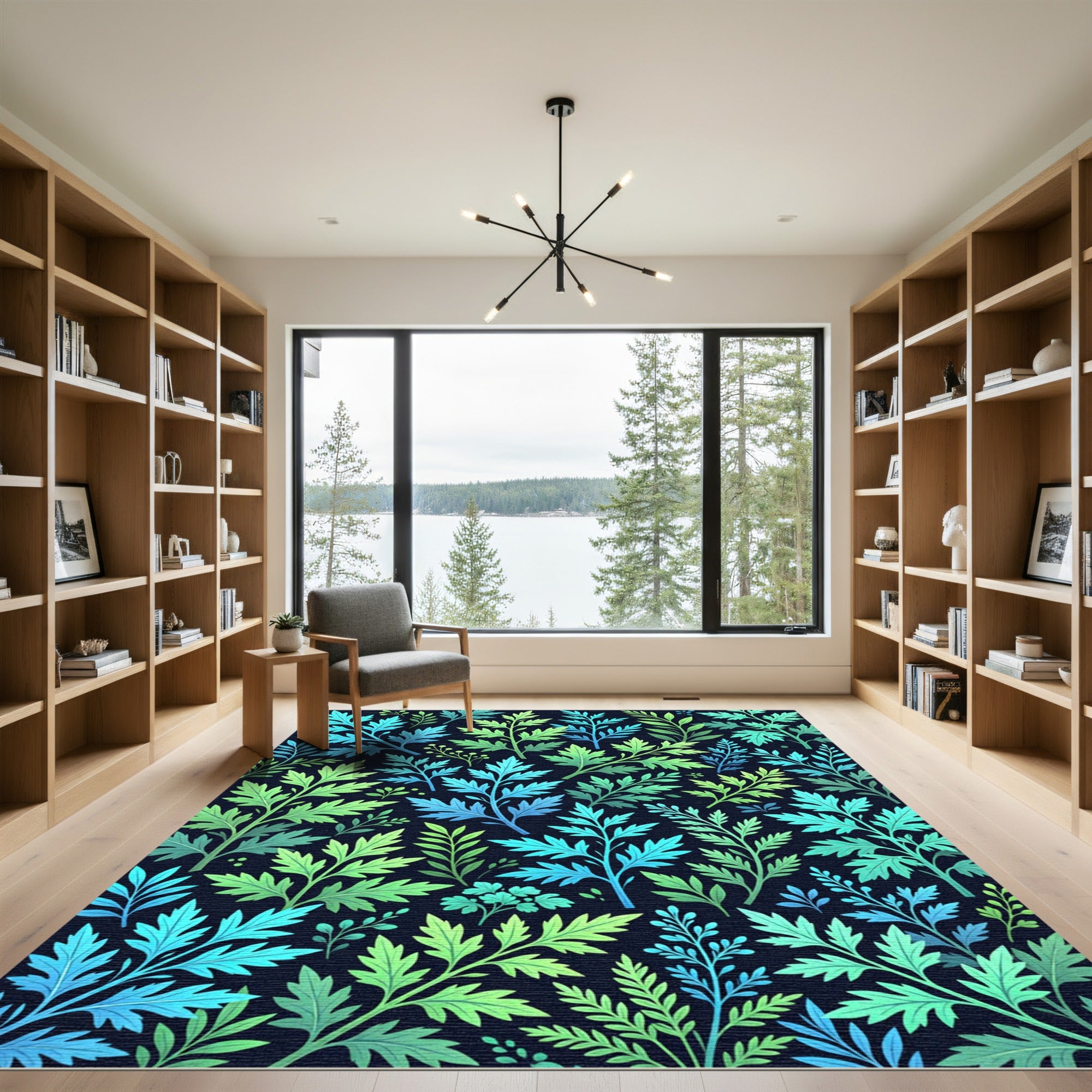Teal Green Leafy Branch Arrangement Rug