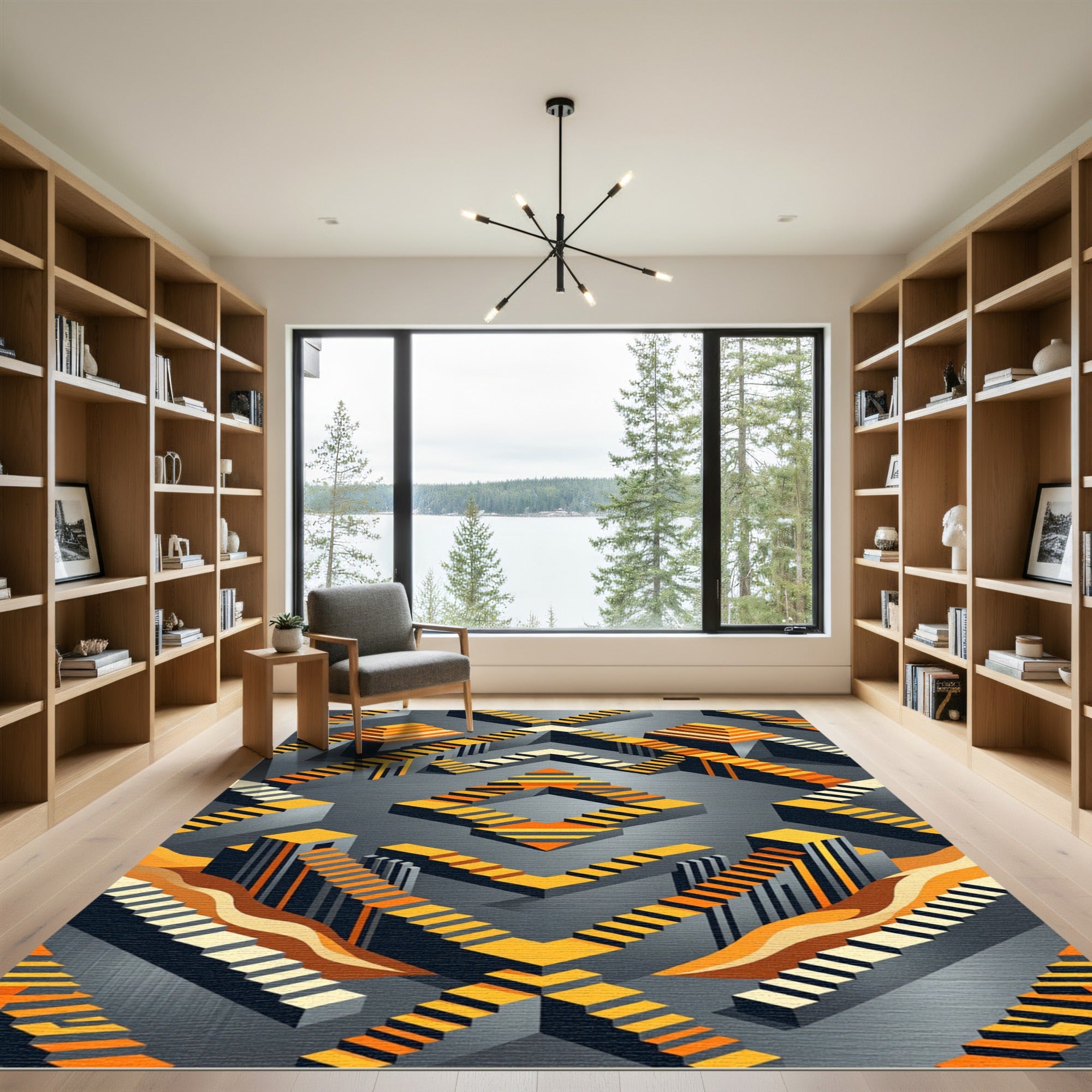 Orange Gray Abstract Geometric Steps Rug
