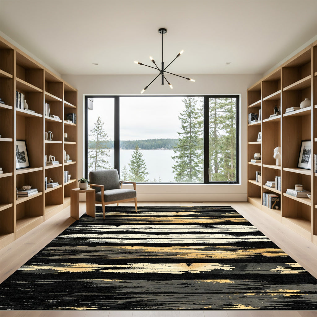 Rustic Gold Black Stripe Texture Rug